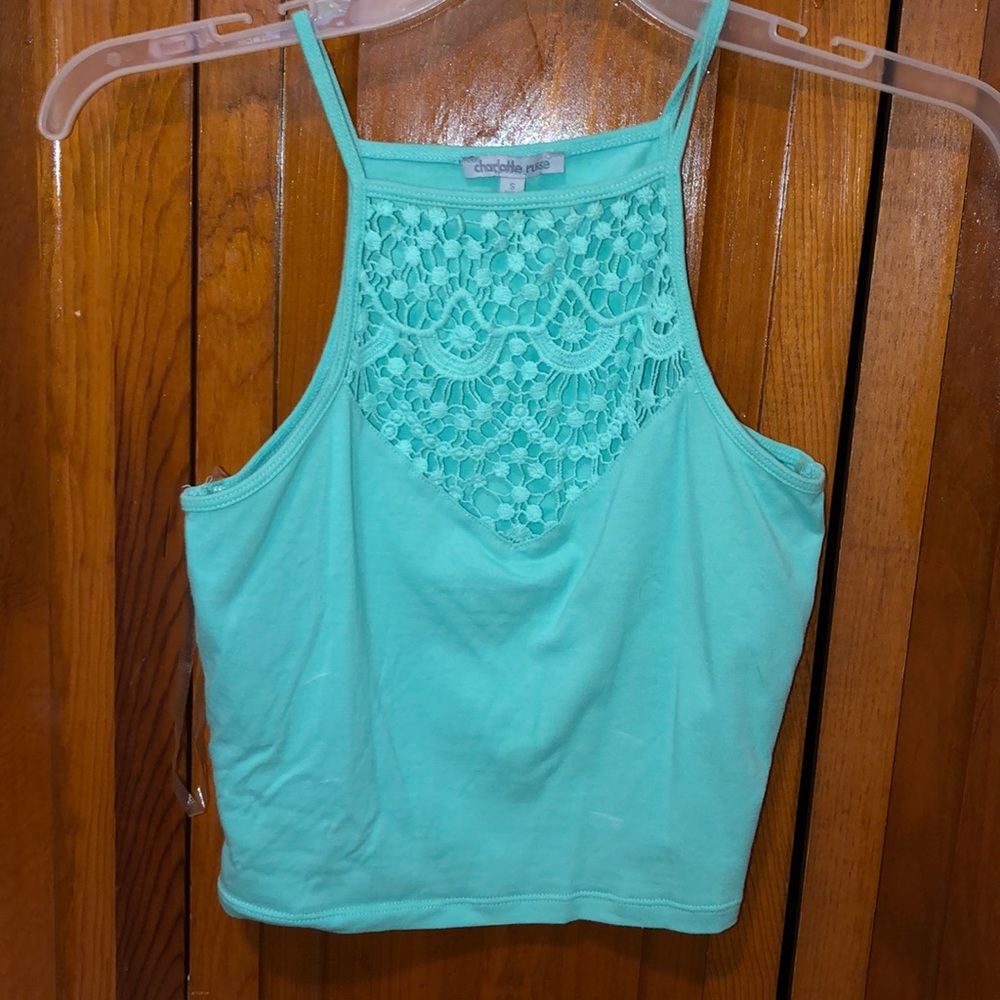 Teal blue cropped tank top with pattern